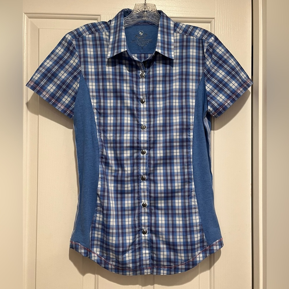 Kühl Suono Button Front Short Sleeve Shirt in Cornflower Blue Plaid